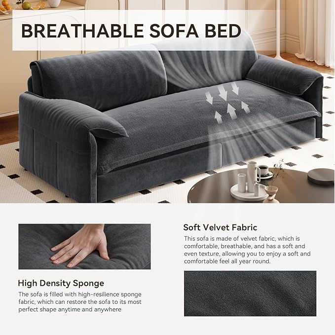 healthomse 66 Queen Size Sleeper Sofa Bed 3-in-1 Convertible Pull Out Sofa Bed with Side Storage Modern Velvet Loveseat for Living Room Bedroom Apartment Office Lounge (Grey 66inch)
