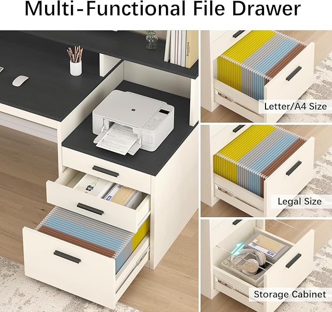 65 Inch Computer Desk with 3 Drawers &amp Storage Shelves Executive Desk with File Drawer &amp Cabinet Home Office Desk with Long Monitor Stand &amp Printer Shelf Black &amp White
