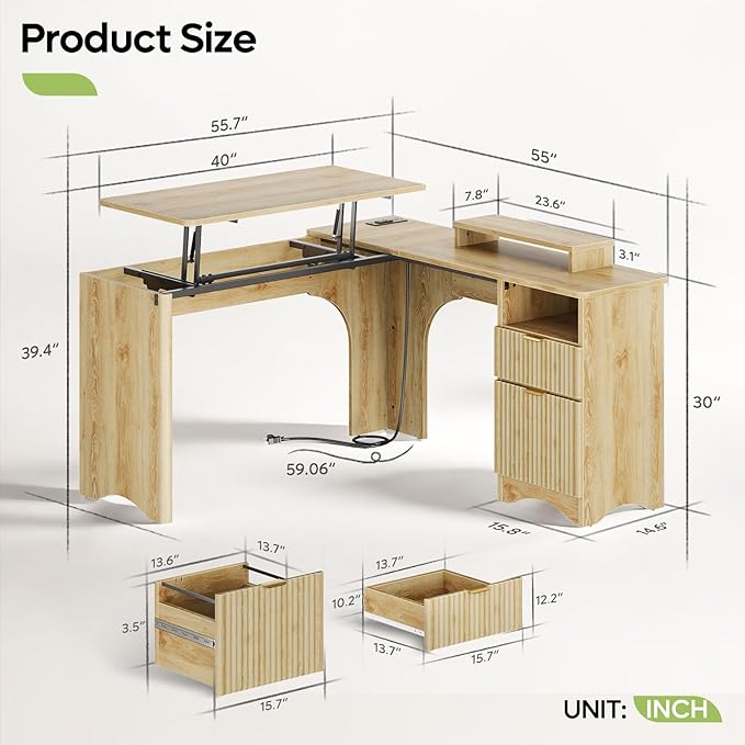 Bestier L Shaped Desk with Lift Desktop 55 inch Corner Desk with Fluted Panel Deisgn Drawers Modern Office Desk with File Drawer (Natual Oak 55'' x 55'' Lift Top)
