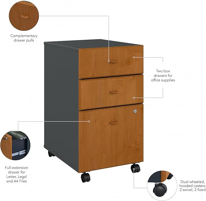 Bush Business Furniture Series A 3 Drawer Mobile File Cabinet Natural Cherry/Slate