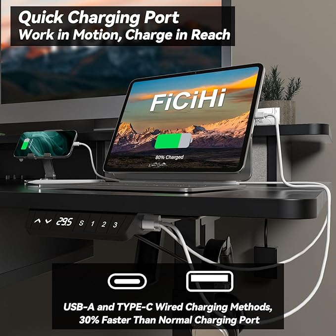 FiCiHi Adjustable Height Standing Desk with 4 Drawers48 x 30 inches Electric Sit Stand Home Office Desk with Two Tiers 3 Memory Presets Monitor Stand Riser USB A/C Charging Port