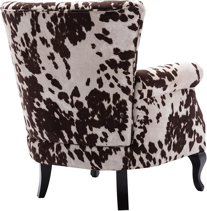 Mid Century Modern Accent Chair Upholstered Armchair Comfy Cowhide-Print Fabric Single Sofa with Tufted Wingback for Small Spaces Bedroom Living Room Cow