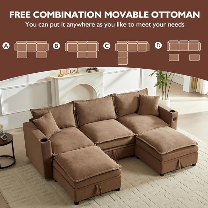 92 U-Shaped Sectional Couch for Living Room Cloud Modular Sofa with Large Storage Ottoman 5-Seat Fluffy Chenille Couch for Bedroom Brown