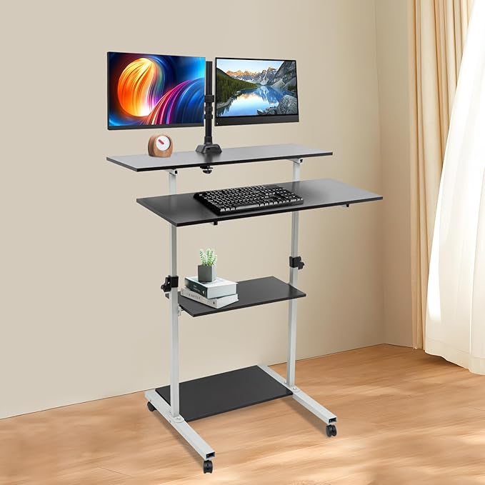 Mobile Stretchable DeskHeight Adjustable Laptop Desk with Wheels Storage Desk Home Office Computer Workstation Portable Rolling Table Laptop Cart for Sitting