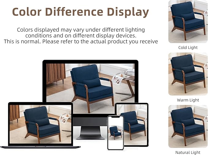 Mid Century Modern Chair Set of 2 Upholstered Lounge Arm Chair with Solid Wood Frame Comfy Accent Chair for Living Room Bedroom Reading Reception Blue