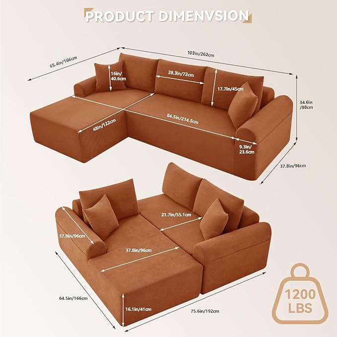 103 Cloud Modular Sectional Couch for Living RoomModern L-Shape Sofa Couch with Chaise Upholstered Modular Sectional Sofa with Deep SeatNo Assembly Required(Orange Left Facing Chaise)