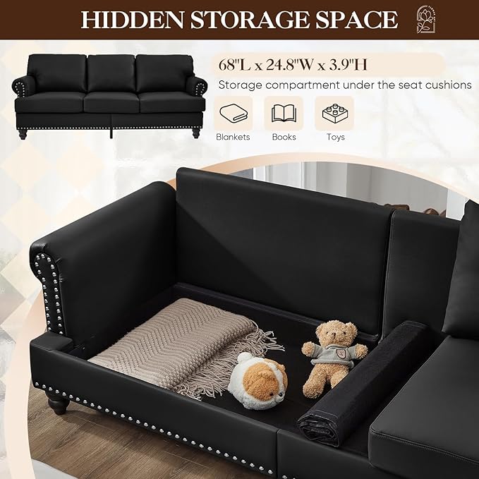 Couch and Loveseat Set Mid Century Chesterfield Faux Leather Vintage Retro Classic 3 Seater Loveseat Sofa Couch with Storage Nailhead Trim &amp Rolled Armrests for Living Room Bedroom Office Black