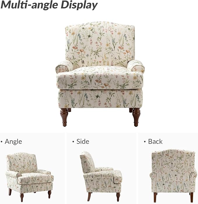 HULALA HOME Floral Spring Accent Chair Set of 2 for Bedroom | Wood Legs Upholstered | Modern Retro Comfy Removable Cushion