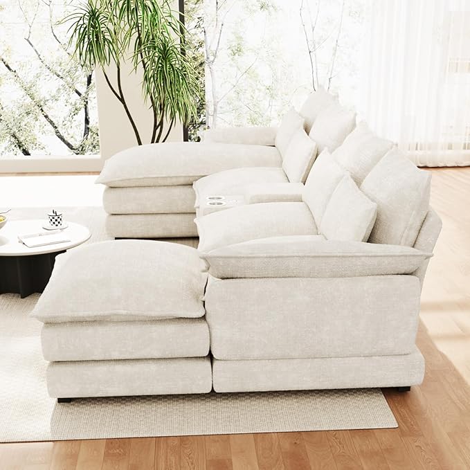 OUYESSIR 135 U Shaped Sectional Cloud CouchBeige Sectional Couches for Living RoomComfy Fluffy Chenille Oversized Cloud CouchModular Sectional Sofa with Central Console &amp Double Chaise Lounge