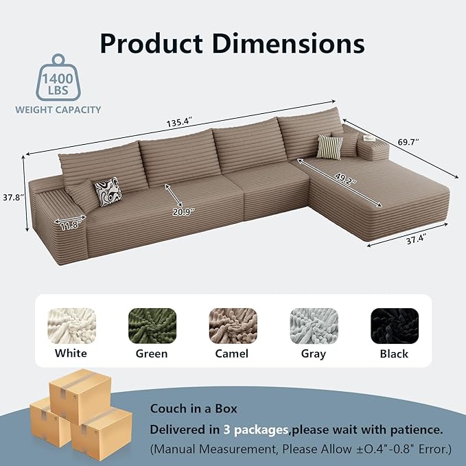 135.5 Cloud Sectional Couch with L-Shape Chaise Corduroy Boneless Couch for Living Room Modern Memory Foam Sofa with Deep SeatNo Assembly Required(BlackRight Facing Chaise)