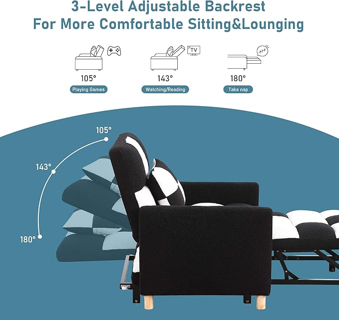 Convertible Sleeper Sofa Chair 3 in 1 Multi-Function Folding Ottoman Couch Sigle Pull-Out Bed with Adjustable Backrest and Pillow for Living Room Apartment Office Black&ampWhite