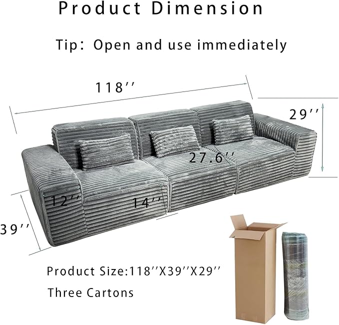 MEISIMAN 118” Modular Sectional Sofa Cloud Couch - Compressed Sofa Soft Corduroy Fabric &amp Memory Foam Couch for Living Room No Assembly Required (Dark Gray)