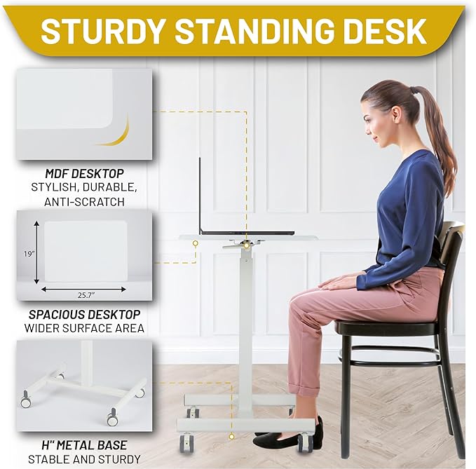 NEWBULIG Mobile Laptop Standing Desk- Overbed Table Adjustable Height Desk Stand Up Desk Small Rolling Sit Stand Desk Teacher Podium with Wheels White