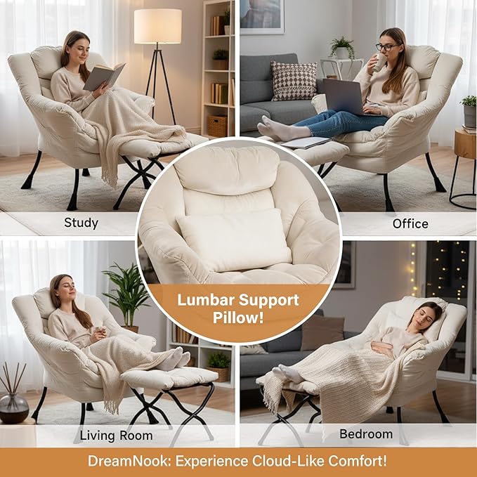 Lazy Chair with Ottoman Modern Accent Chair with Lumbar Pillow Velvet Beige Sofa Armchairs with Folding Footrest Oversized Supportive Chairs for Bedroom Reading