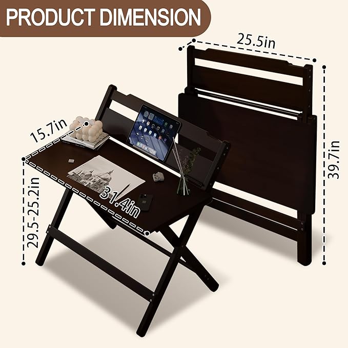 Bamboo Foldable Desk 31 Portable Oversized Desk with 3 Adjustable Heights Home Office Computer Desk with Reading Shelf Perfect Furniture for Living Room &amp Bedroom No Assembly (Walnut)