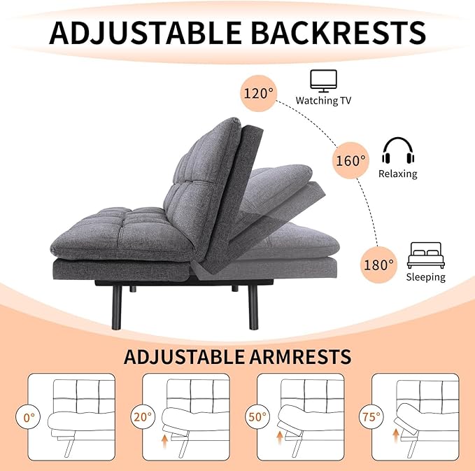 MUUEGM Convertible Futon Sofa Bed Memory Foam 71 Sofabed Modern Loveseat Sleeper Sofa with Adjustable Backrest &amp Armrest for Small Space Office Couch for Living RoomApartmentOffice
