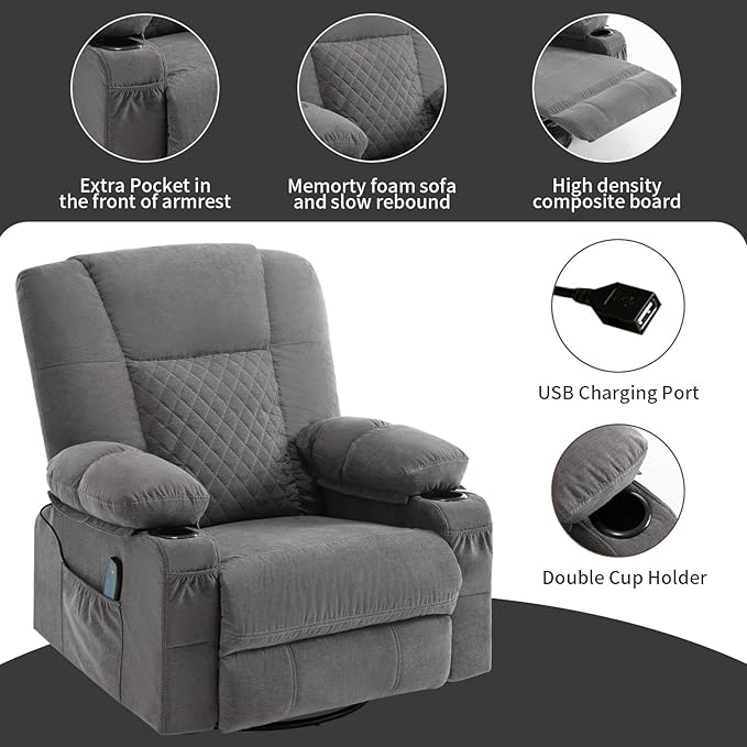 Rocker Recliner Chair with Heat and Massage Wide Seat Overstuffed Fabric Reclining Chair for Living Room Nursery Glider Rocking Chair Swivel Recliner with Cup Holder Grey