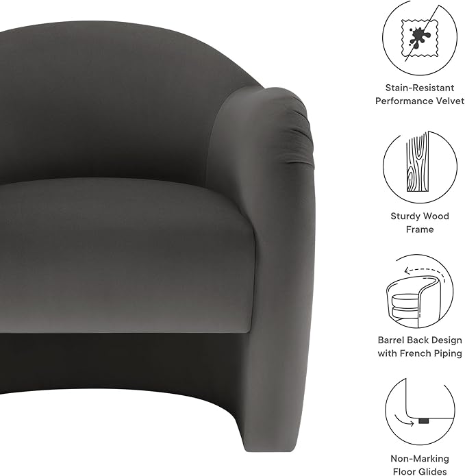Modway Compose Barrel Chair with Performance Velvet Fabric in Storm Gray – Upholstered Accent Armchair with Curved Backrest – Cozy Lounge Chair for Reading – Round Comfy Single Sofa Club Chair