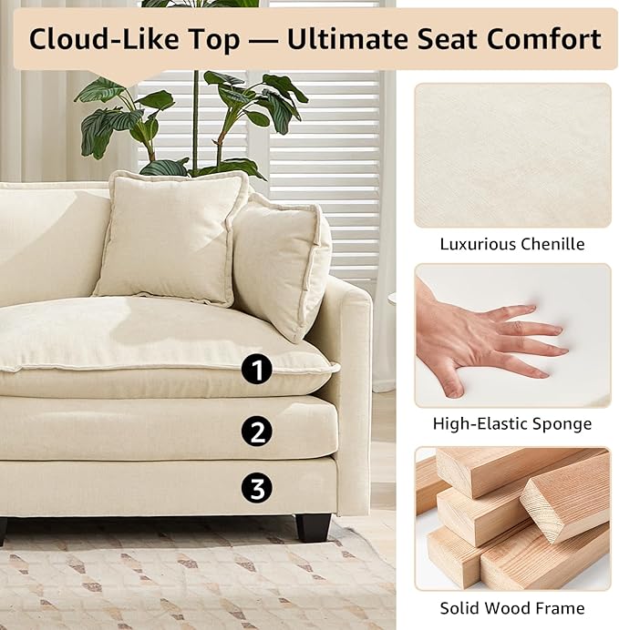 76.7 Beige Modern Sectional Couches for Living Room Chenille Loveseat U Shaped Modular Sectional Sofa Oversized 2 Seater Cloud Love Seat Couches with 2 Ottomans Deep Seat Sofas Set Sofa para Sala