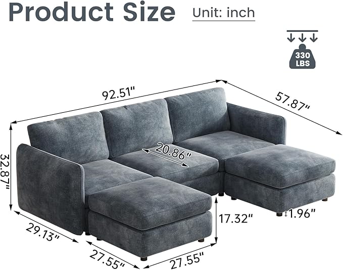 Guyii U Shaped Modern Sofa with 2 Storage Ottomans Blue Modular Sectional Sofa Couch 5 Seater Deep Seat Convertible Sofa for Living Room Bedroom Apartment Office