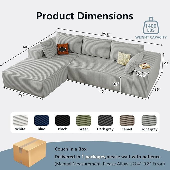 96 Cloud Sectional Couch with L-Shape Chaise Modern Corduroy Boneless Couch for Living RoomMemory Foam Sofa with Deep SeatNo Assembly Required (GreyLeft-Facing Chaise)
