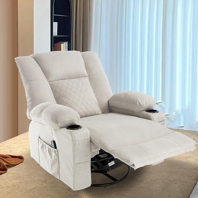 Rocker Recliner Chair with Heat and Massage Wide Seat Overstuffed Fabric Reclining Chair for Living Room Nursery Glider Rocking Chair Swivel Recliner with Cup Holder White