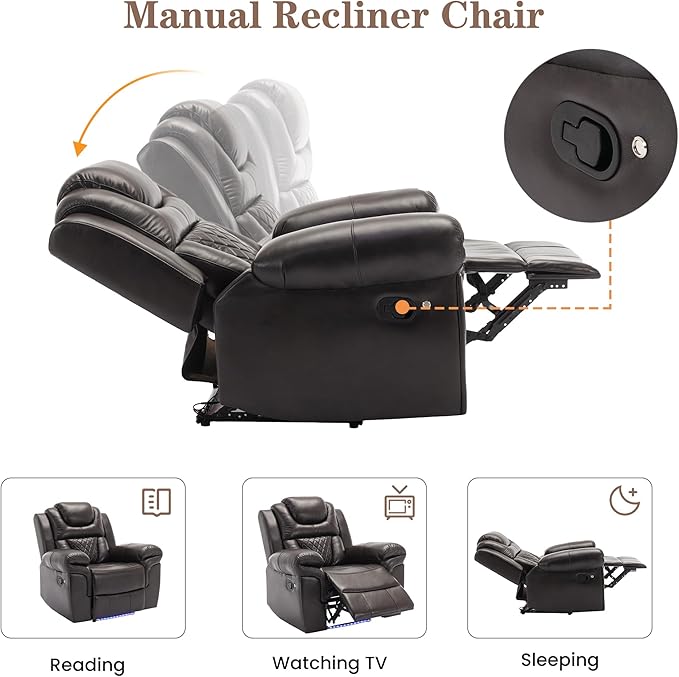 ERYE Manual Recliner Chair with LED Light Strip for Living Room Bedroom Manual Reclining Home Theater Seating Armchair Faux Leather Tufted