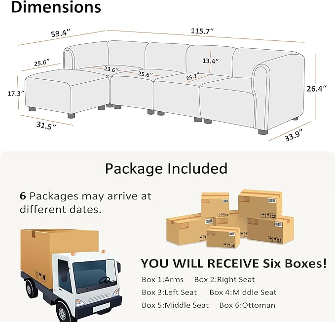 VANOMi Oversized Modular Sectional Sofa L Shaped Sectional Couches for Living Room 5 Seats Modular Sofa with Reversible Chaises Cream White