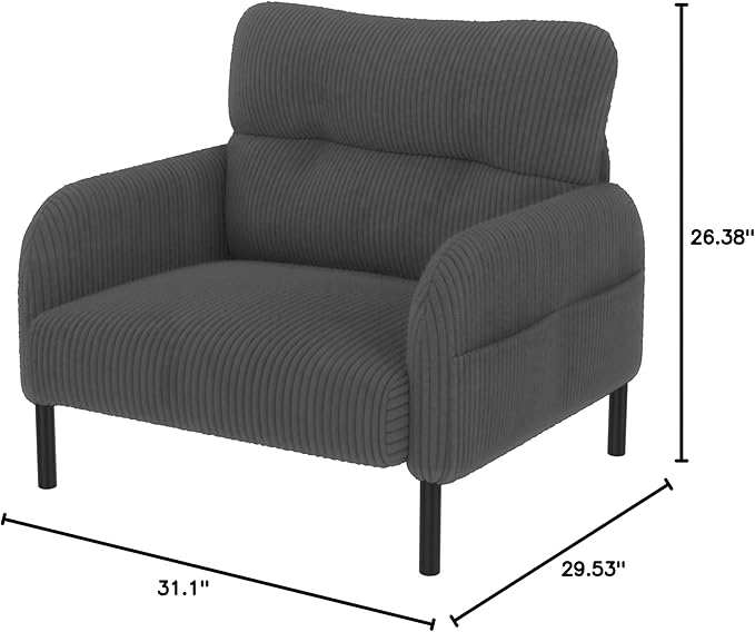 Gray Accent Chair - Corduroy Living Room Chairs with Side Storage Pockets and Durable Legs Comfy Arm Reading Chair with Soft Backrest for Bedroom Balcony Study Room