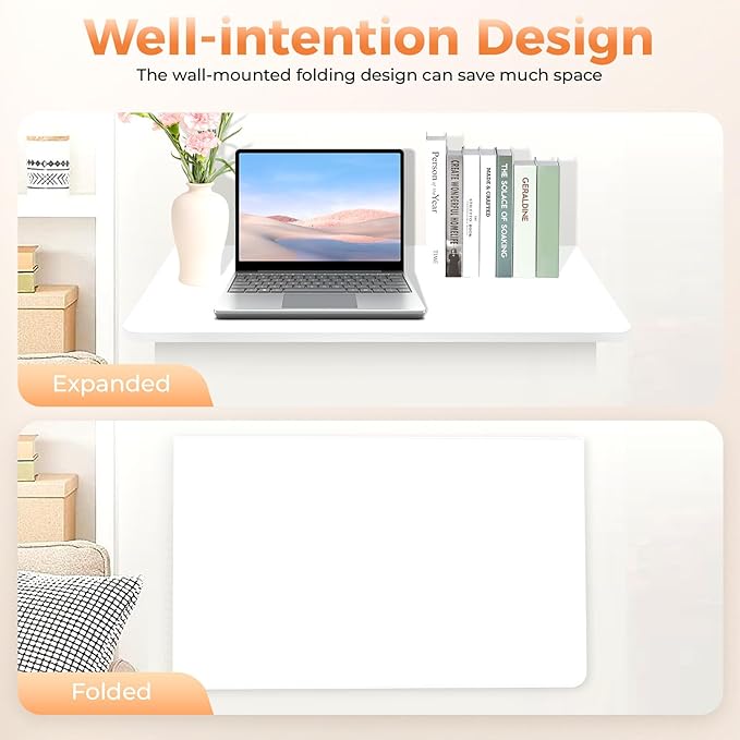 Wall Mounted Desk Floating Wall Desk with Iron Bracket Drop Leaf Table for Small Spaces Wall Mounting Folding Table for Kitchen Laundry Room Home Office White