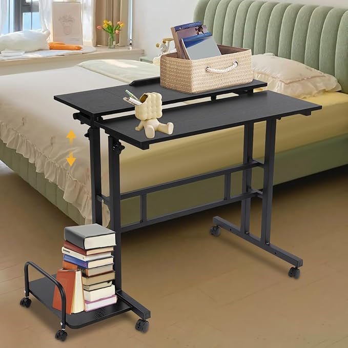 Adjustable Height Foldable Desk 26.4-45.3in Standing/Sitting Desk with 6 Lockable Wheels 44lbs Load Capacity for Home Office Dorm Bedroom (Black)