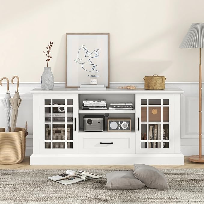 Tangkula Farmhouse TV Stand for TV up to 65 70 Inches Tall Media Console Table with 2 Glass Storage Cabinets 1 Drawer &amp 2 Open Shelves Wooden Entertainment Center for Living Room (White)