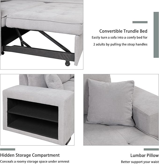 Flieks 104.5 inch Reversible Sectional Sofa with Storage Chaise2 Shelves2 Stools and 2 Tossing Cushions - 3 Seat Sleeper Contemporary Corner Sectional with Pull-Out Sleeper and Chaise