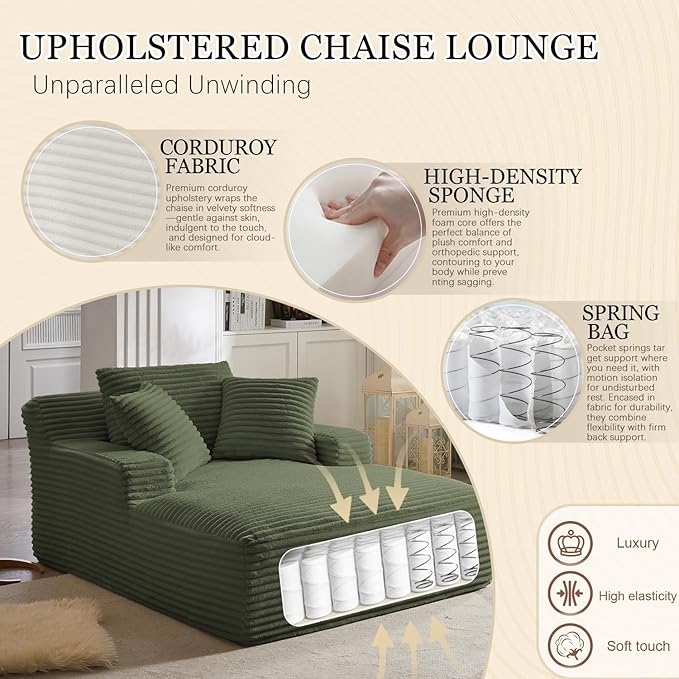 67 Inch Oversized Chaise Lounge Chair IndoorBoneless Corduroy Sofa Bed with Spring CushionDeep Seat Cloud Couch and Reading LoungerSoft Sleeper Sofa for Living RoomNo Assembly Required (Green)