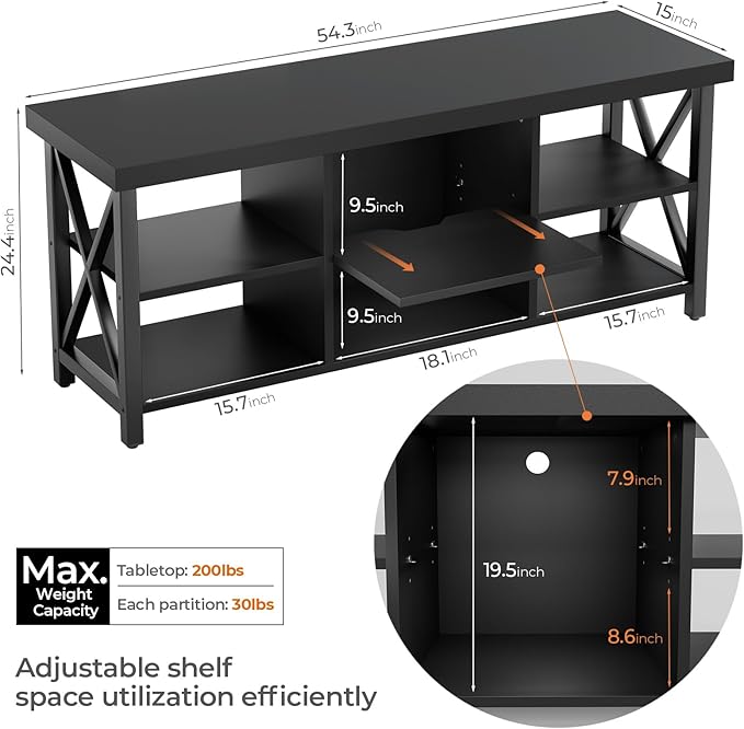 GreenForest TV Stand for TV up to 65 inches Entertainment Center with 6 Storage Cabinet for Living Room 55 inch Farmhouse Television Stands Console Table Industrial TV stands for Living Room Black