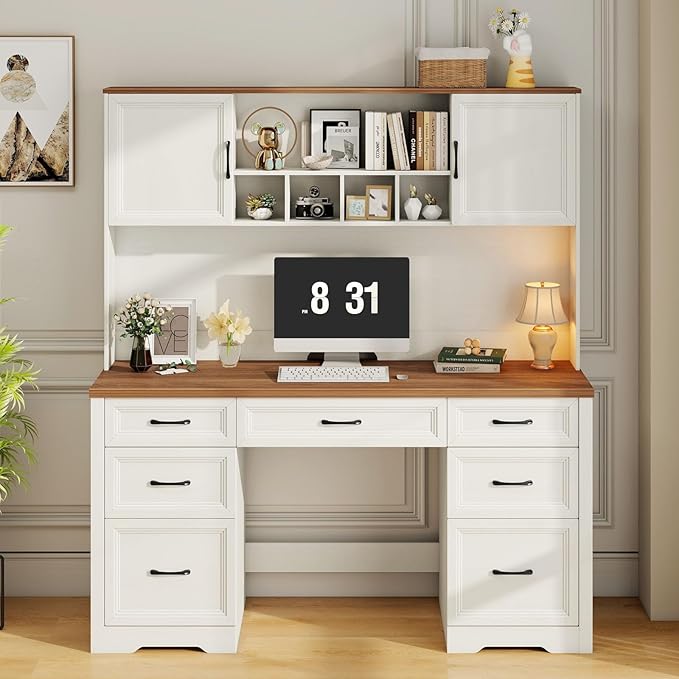 Farmhouse Executive Desk with 7 Drawers and Storage Cabinet Rustic Large Home Writing Desk with Hutch Workstation for Bedroom White