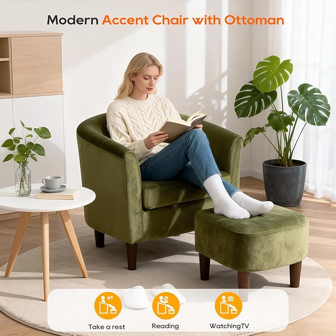 PayLessHere Accent Chair with Ottoman Cozy Velvet Armchair for Reading and Relaxing Modern Living Room Chair for Bedroom Living Room &amp Apartment (Green)