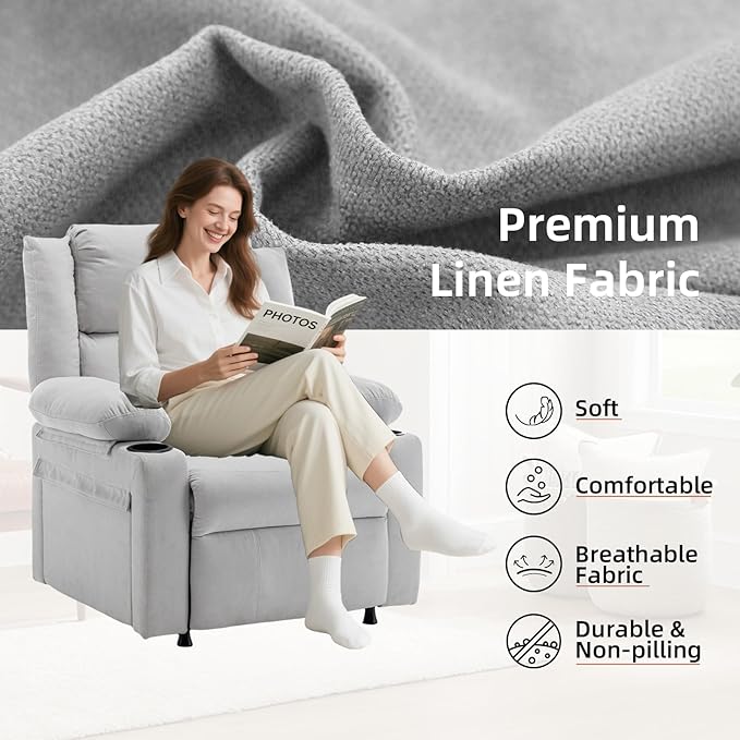 Power Recliner Chair Upholstered Recliner Heating Vibration Massage with Side Pockets Side Table &amp 2 Cup Holders for Living Room &amp Home Theater (Grey)