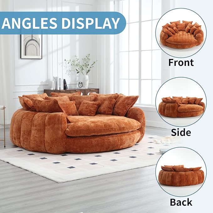 81 Oversized Round Sofa Bed Large Chenille Bean Bag Chair No Assembly Required Cloud Couch Fluffy Plush Chaise Lounge Chair Indoor Modern Sleeper Sofa with Deep Seat for Living Room (Orange)