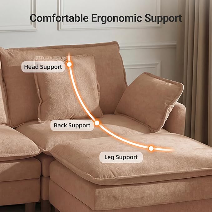 148 U-Shaped Modular Sectional Couch Modern Cloud Couch with Ottoman 6-Seat Chenille Sofa with Pillows Deep Seat Comfy Couch for Living Room Bedroom Khaki