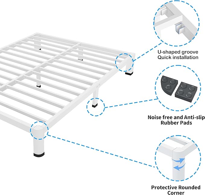ROIL 4 Inch White Queen Bed Frame with Rounded Corner and Mattress Retainers 3500LBS Heavy Duty Steel Slats No Box Spring Needed Platform Noise-Free Easy Assembly