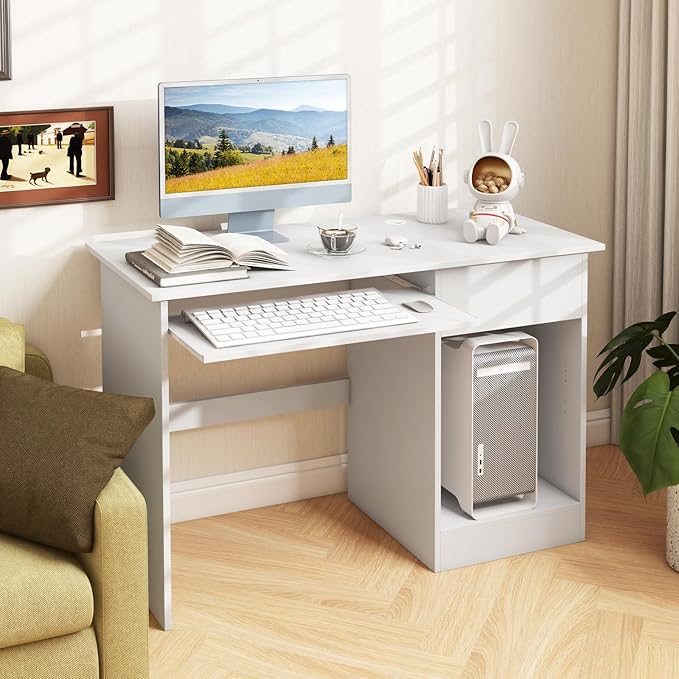 Computer Desk with Drawers Modern Office Desk with Keyboard Tray and Open Storage Shelf Study Table for Kids White Home Office Desks Small Desk for Bedroom Living Room Study (White)