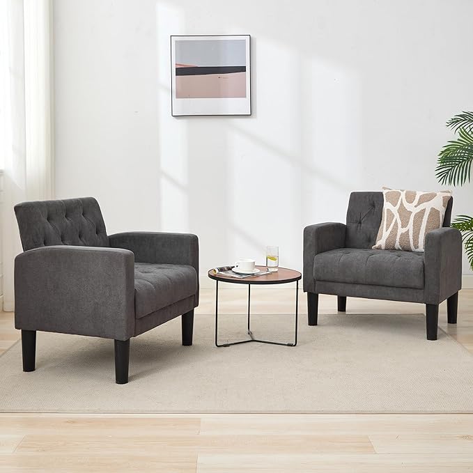 TYBOATLE Accent Chairs Set of 2 Mid Century Modern Upholstered Tufted Living Room Chair for Bedroom Armchair for Waiting Room Reading Chair for Office Grey