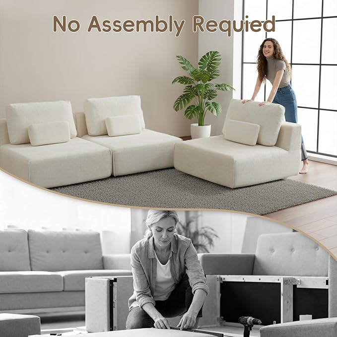 Modular Sectional Sofa Couch Plush Velvet Boneless Single Sofa Cozy Chair Flexible Convertible for Living Room &amp Small Spaces Deep-Seat No-Assembly 1-Piece
