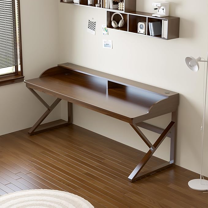 Long Desk with Monitor Stand - 63 Double Long Computer Table for 2-Person Workstation Large Writing Study Work Desk for Home and Office Walnut