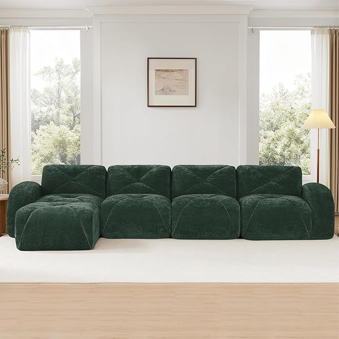 140.9'' Modular L Shaped Sectional Couches for Living Room Modern Velvet Cozy Boneless Sofa with 1 Ottoman No Assembly Required Comfy Couch Green Cloud Boneless Couch in a Box Sofas para Sala