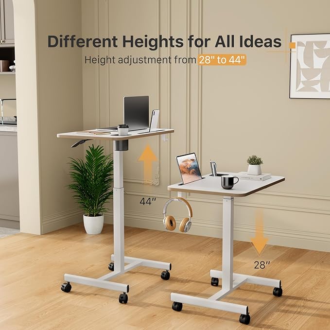 Mobile Standing Desk Rolling Laptop Cart Adjustable Height with Cup Holder 28 inch Portable Table with 4 Lockable Wheels White Computer Workstation with Hook and Slots for Home Office