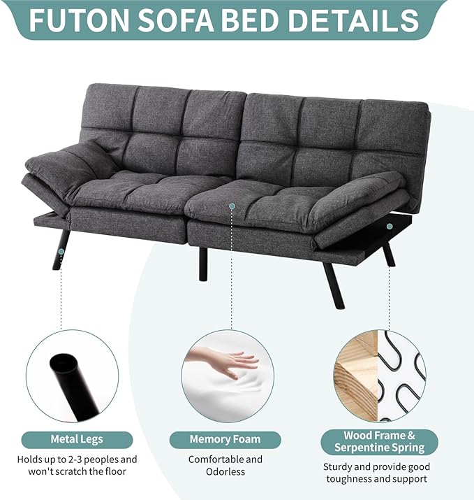 MUUEGM 71 Futon Sofa Bed with Memory FoamFuton Couch with Adjust Backrest and Armrest Couches Bed for Living RoomStudios Apartments Dormitories Offices and Game RoomsDeep Grey