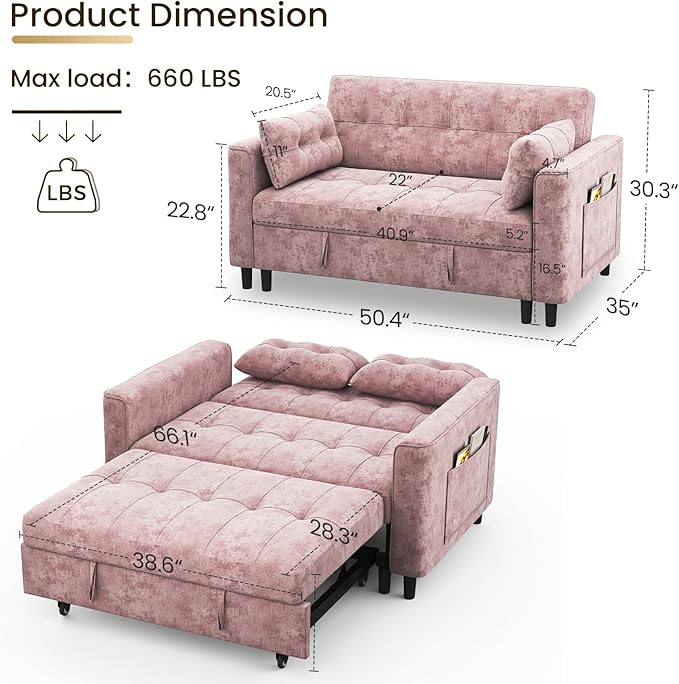 KKL 3 in 1 Convertible Sleeper Sofa Bed Pull Out Couch Bed with Adjustable Backrest Chenille Loveseat Couches with Side Pocket for Living Room Bedroom (Pink)