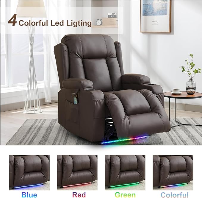 Power Recliner Chair PU Leather Home Theater Seating Chair for Adults with Massage &amp Heat Comfy Single Reclining Sofa Chair for Living Room with USB Port/Led Light/Cup Holder (Brown)
